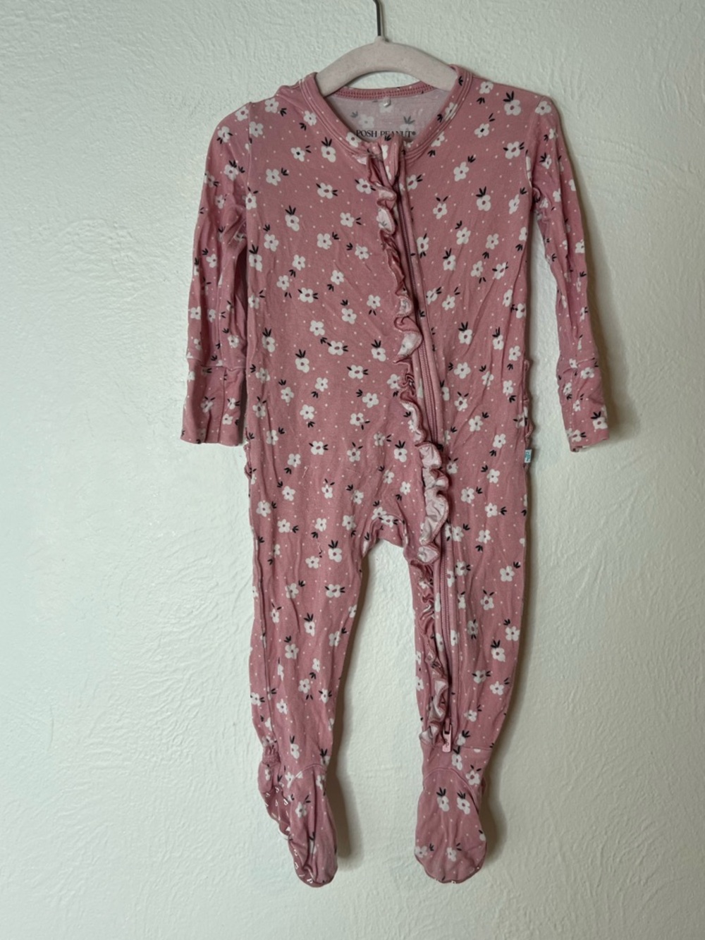 Posh Peanut Dusty Mauve Floral Ruffle Footed One-Piece 3-6 months